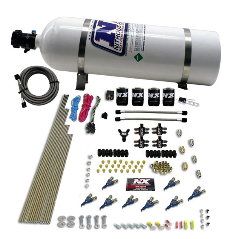 Load image into Gallery viewer, Nitrous Express 8 Cyl Piranha Direct Port 4 Solenoids Nitrous Kit (200-500HP) w/15lb Bottle
