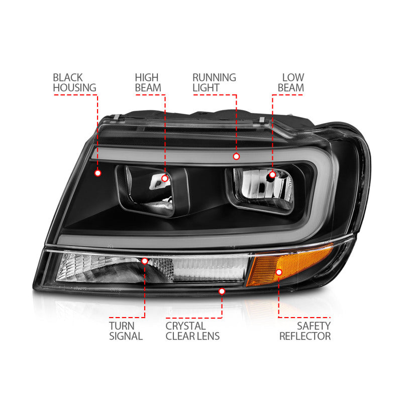 Load image into Gallery viewer, ANZO 99-04 Jeep Grand Cherokee Crystal Headlights - w/ Light Bar Black Housing
