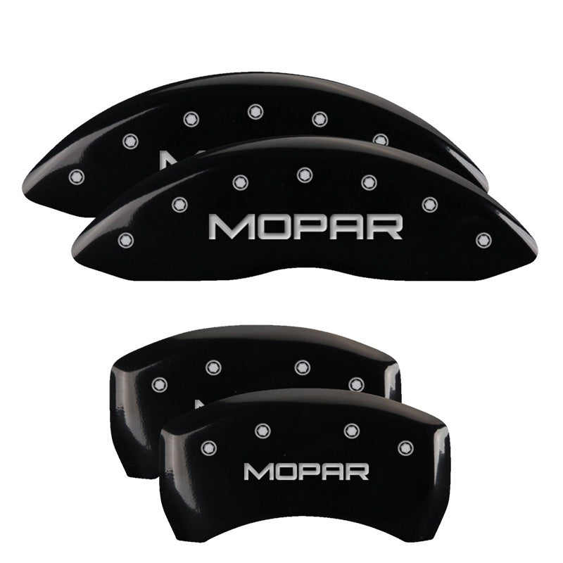 Load image into Gallery viewer, MGP 4 Caliper Covers Engraved Front &amp; Rear MOPAR Black finish silver ch
