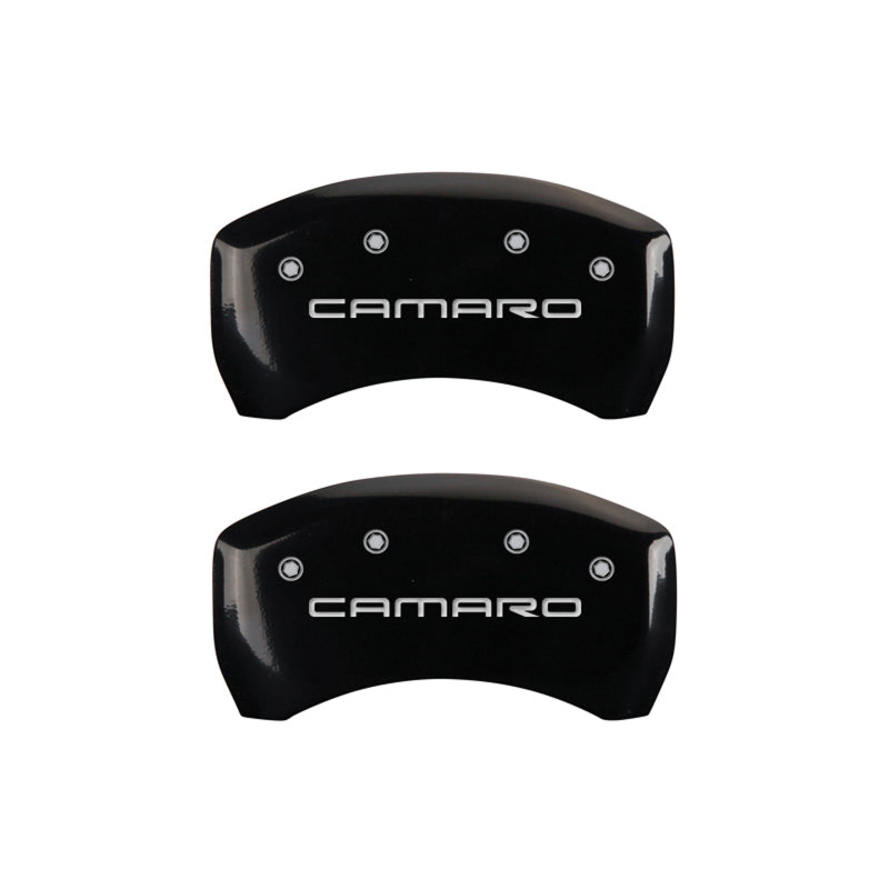 Load image into Gallery viewer, MGP 4 Caliper Covers Engraved Front &amp; Rear Gen 4/Camaro Black finish silver ch
