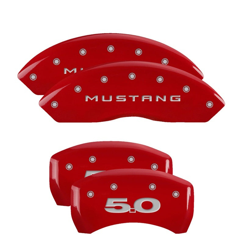 Load image into Gallery viewer, MGP 4 Caliper Covers Engraved Front Mustang Engraved Rear 50 Red finish silver ch
