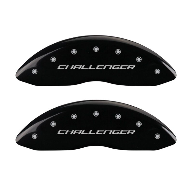 Load image into Gallery viewer, MGP 4 Caliper Covers Engraved Front Block/Challenger Engraved Rear Vintage Style/RT Blk fnsh slvr ch
