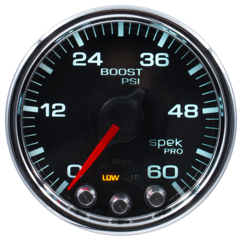 Load image into Gallery viewer, Autometer Spek-Pro Gauge Boost 2 1/16in 60psi Stepper Motor W/Peak &amp; Warn Blk/Chrm
