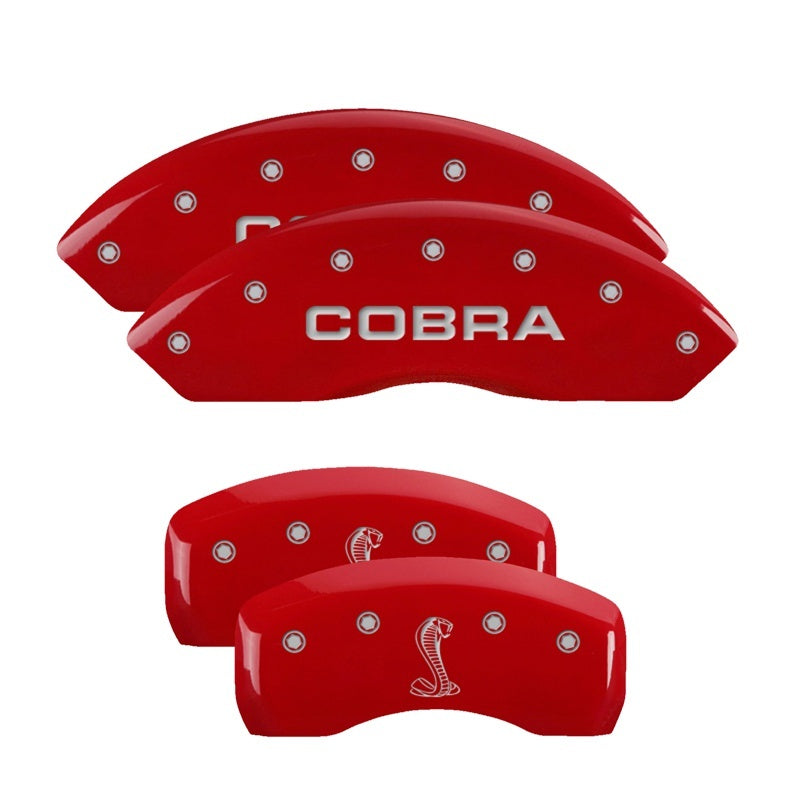 Load image into Gallery viewer, MGP 4 Caliper Covers Engraved Front Cobra Engraved Rear Snake Red finish silver ch

