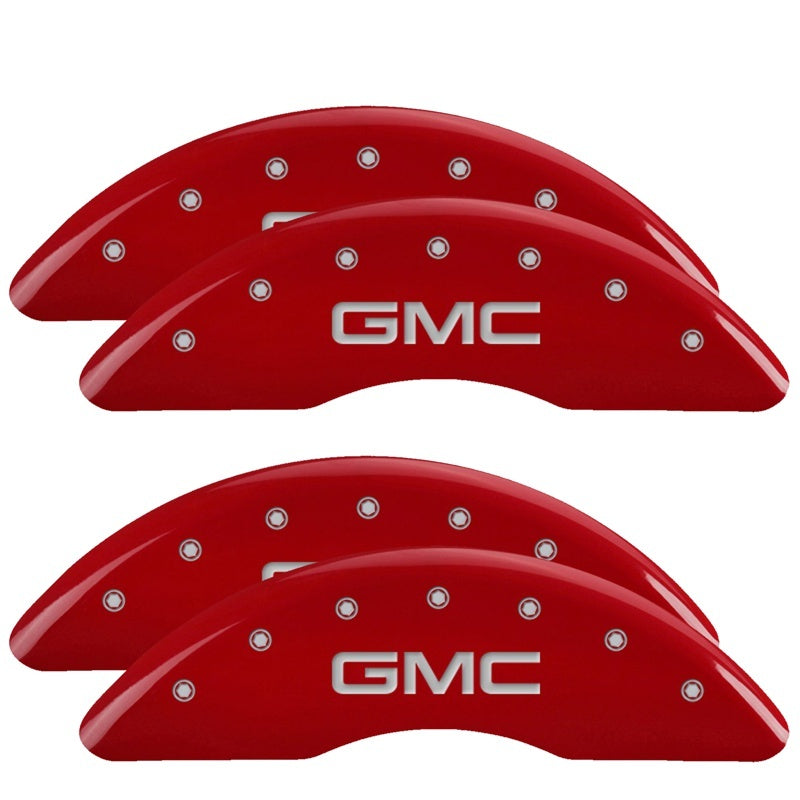 Load image into Gallery viewer, MGP 4 Caliper Covers Engraved Front &amp; Rear GMC Red finish silver ch
