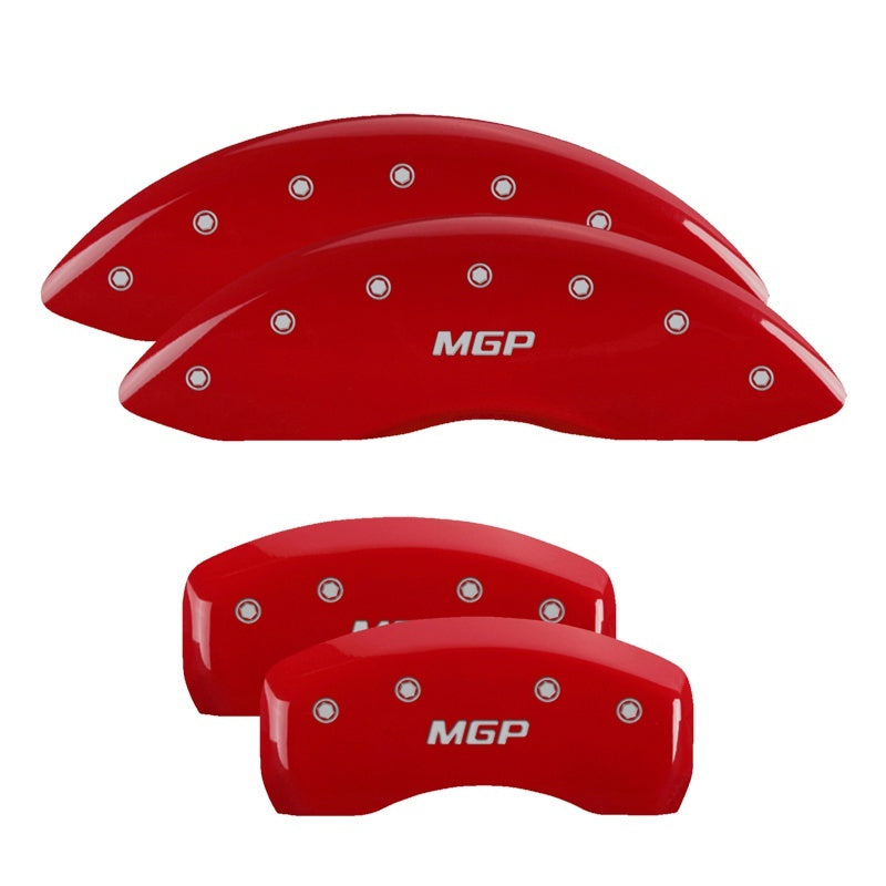 Load image into Gallery viewer, MGP 4 Caliper Covers Engraved Front &amp; Rear Chevy racing Red finish silver ch
