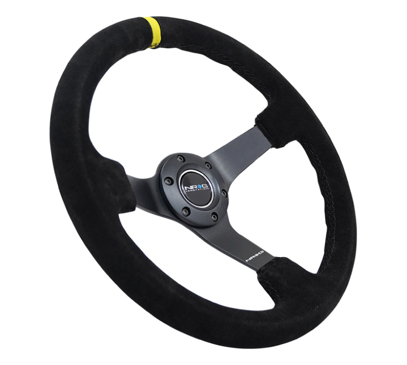 Load image into Gallery viewer, NRG Reinforced Steering Wheel (350mm / 3in. Deep) Blk Suede/X-Stitch w/5mm Blk Spoke &amp; Yellow CM
