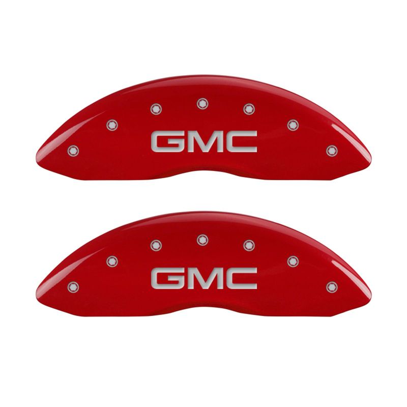 Load image into Gallery viewer, MGP 4 Caliper Covers Engraved Front &amp; Rear GMC Red finish silver ch
