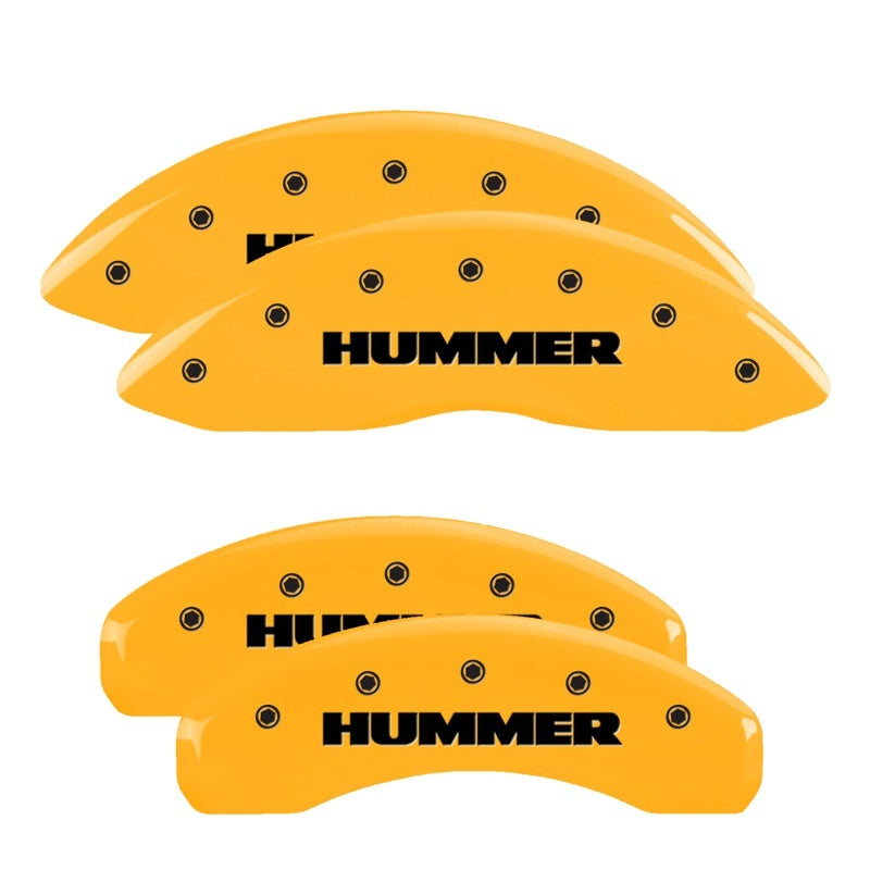 Load image into Gallery viewer, MGP 4 Caliper Covers Engraved Front &amp; Rear Hummer Yellow Finish Black Char 2005 Hummer H2
