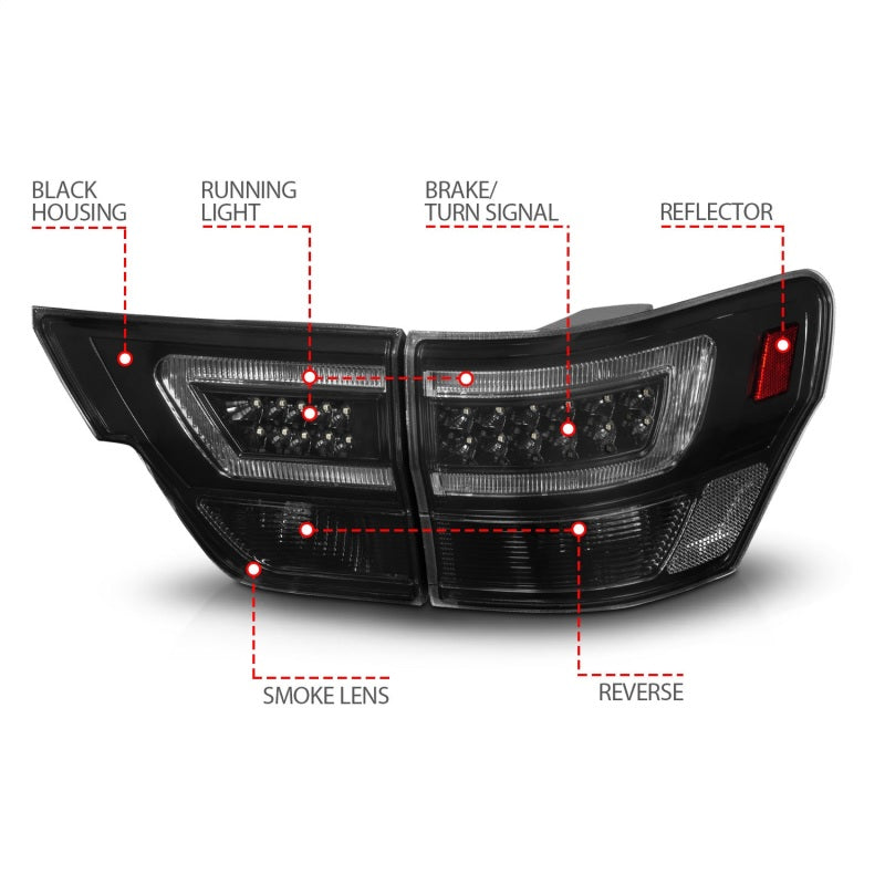Load image into Gallery viewer, ANZO 11-13 Jeep Grand Cherokee LED Taillights w/ Lightbar Black Housing/Smoke Lens 4pcs
