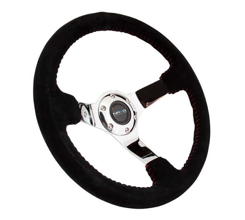 Load image into Gallery viewer, NRG Reinforced Steering Wheel (350mm / 3in. Deep) Blk Suede w/Red BBall Stitch &amp; Chrome 3-Spoke
