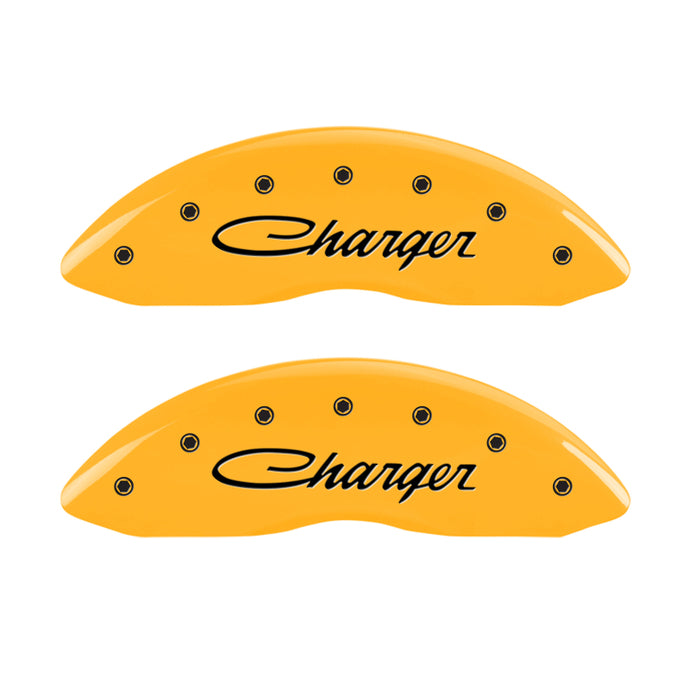 MGP 4 Caliper Covers Engraved Front & Rear 05-10 Dodge Charger R/T Yellow Finish Black Cursive Logo