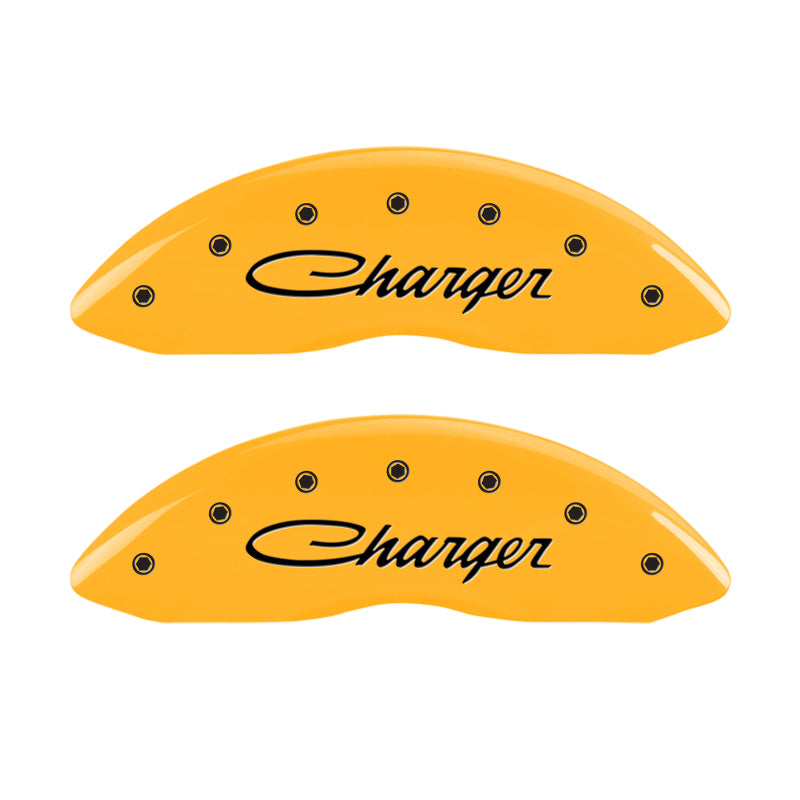 Load image into Gallery viewer, MGP 4 Caliper Covers Engraved Front &amp; Rear 05-10 Dodge Charger R/T Yellow Finish Black Cursive Logo
