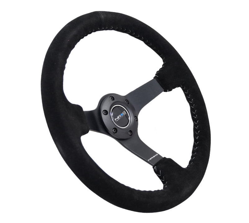 Load image into Gallery viewer, NRG Reinforced Steering Wheel (350mm / 3in. Deep) Blk Suede/Silver BBall Stitch w/5mm Mt. Blk Spokes
