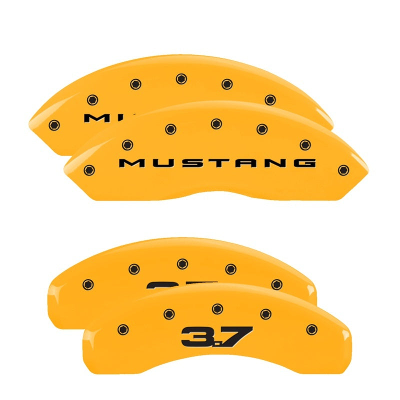 Load image into Gallery viewer, MGP 4 Caliper Covers Engraved Front 2015/Mustang Engraved Rear 2015/37 Yellow finish black ch

