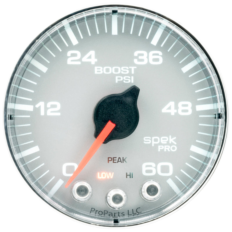 Load image into Gallery viewer, Autometer Spek-Pro Gauge Boost 2 1/16in 60psi Stepper Motor W/Peak &amp; Warn Slvr/Chrm

