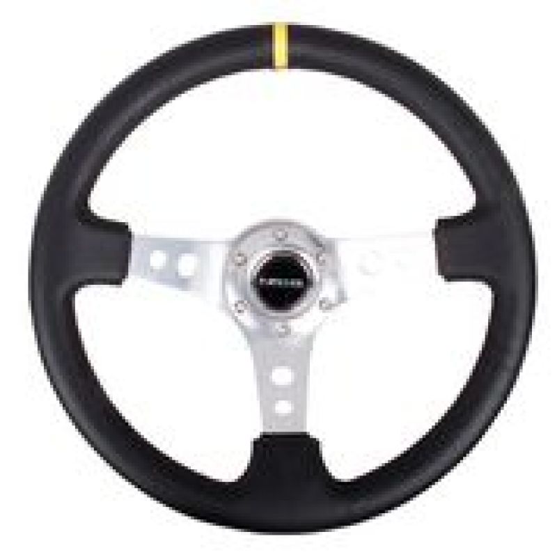 Load image into Gallery viewer, NRG Reinforced Steering Wheel (350mm / 3in. Deep) Blk Leather w/Circle Cut Spokes &amp; Single Yellow CM
