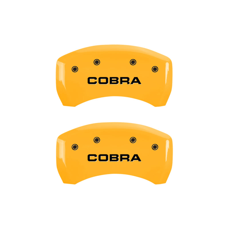 Load image into Gallery viewer, MGP 4 Caliper Covers Engraved Front &amp; Rear Cobra Yellow Finish Black Char 2006 Ford Mustang

