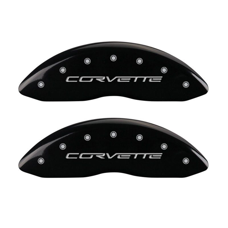 Load image into Gallery viewer, MGP 4 Caliper Covers Engraved Front &amp; Rear C6/Corvette Black finish silver ch
