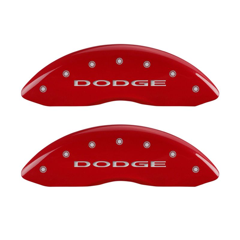 Load image into Gallery viewer, MGP 4 Caliper Covers Engraved Front &amp; Rear With out stripes/Dodge Red finish silver ch
