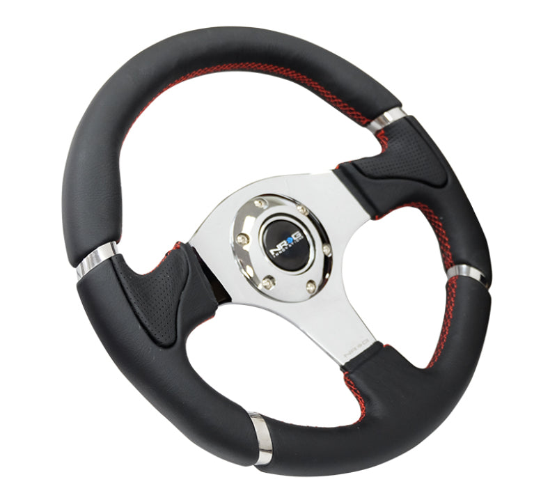 Load image into Gallery viewer, NRG Reinforced Steering Wheel (320mm) Blk Leather/Red Stitching w/Chrome 3-Spoke Center
