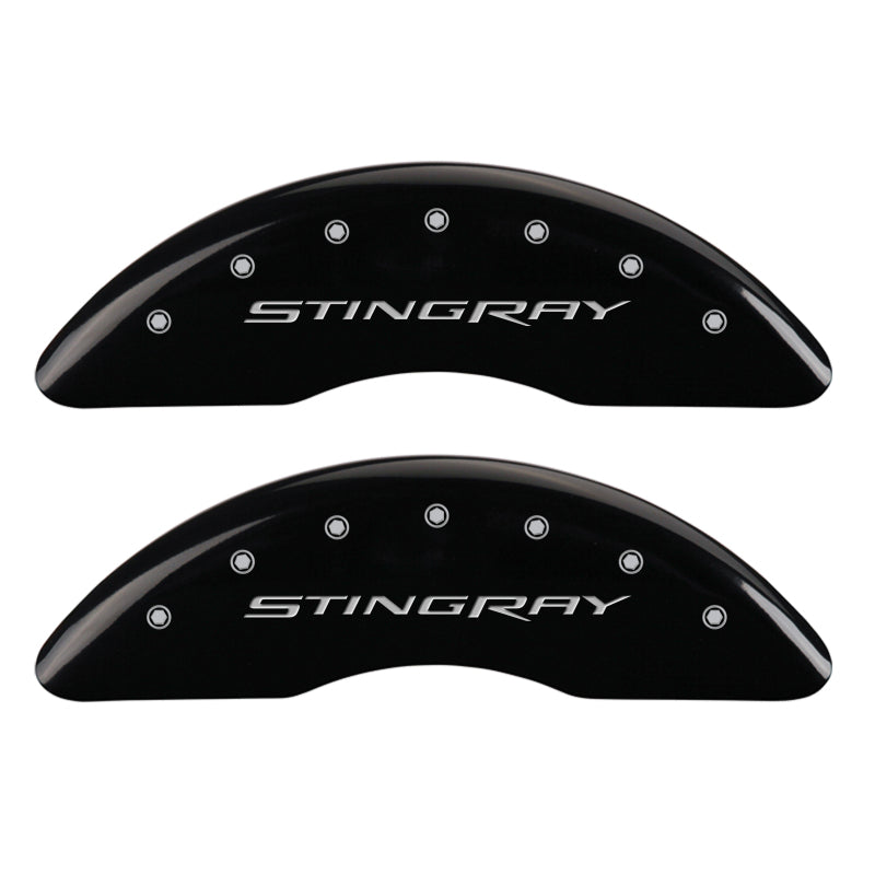 Load image into Gallery viewer, MGP 4 Caliper Covers Engraved Front &amp; Rear Stingray Black finish silver ch
