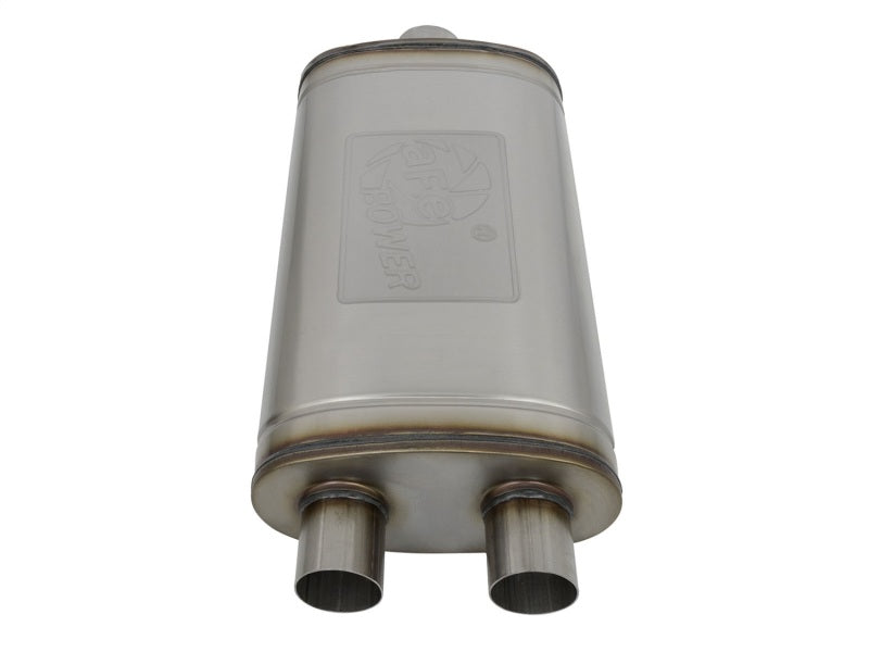 Load image into Gallery viewer, aFe MACHForce XP SS Muffler 3in Center Inlet / 2.5in Dual Outlets 22in L x 11in W x 6in H Body
