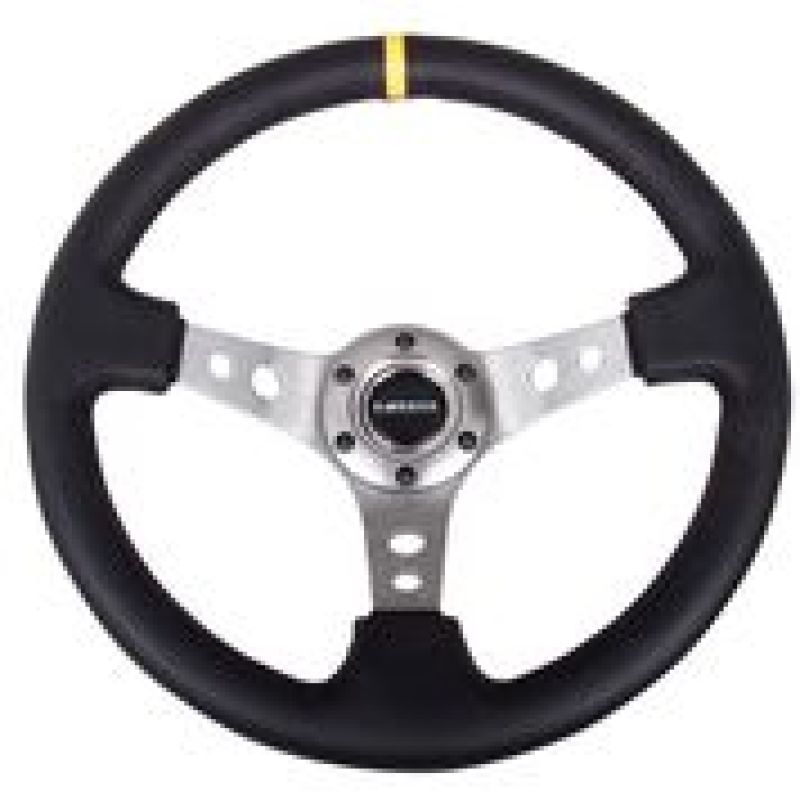 Load image into Gallery viewer, NRG Reinforced Steering Wheel (350mm / 3in. Deep) Blk Leather w/Gunmetal Cutout Spoke &amp; Yellow CM
