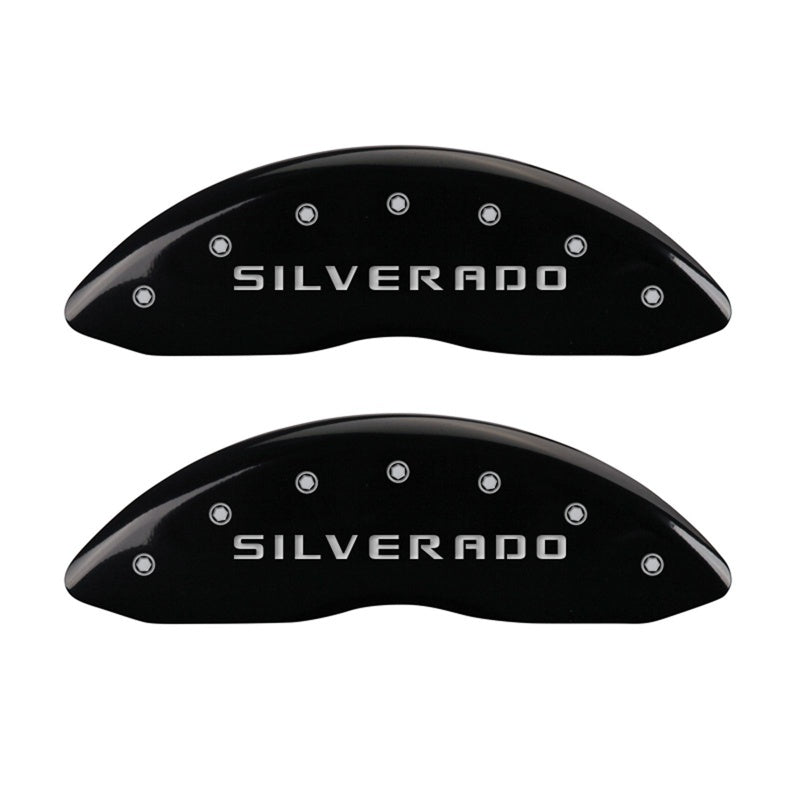 Load image into Gallery viewer, MGP Front set 2 Caliper Covers Engraved Front Silverado Black finish silver ch
