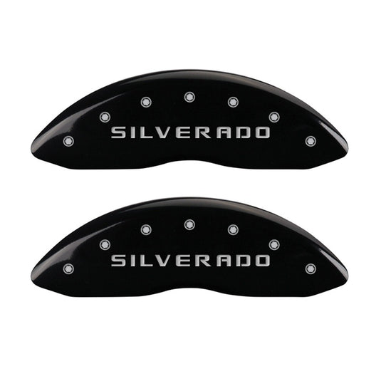 MGP Front set 2 Caliper Covers Engraved Front Silverado Black finish silver ch