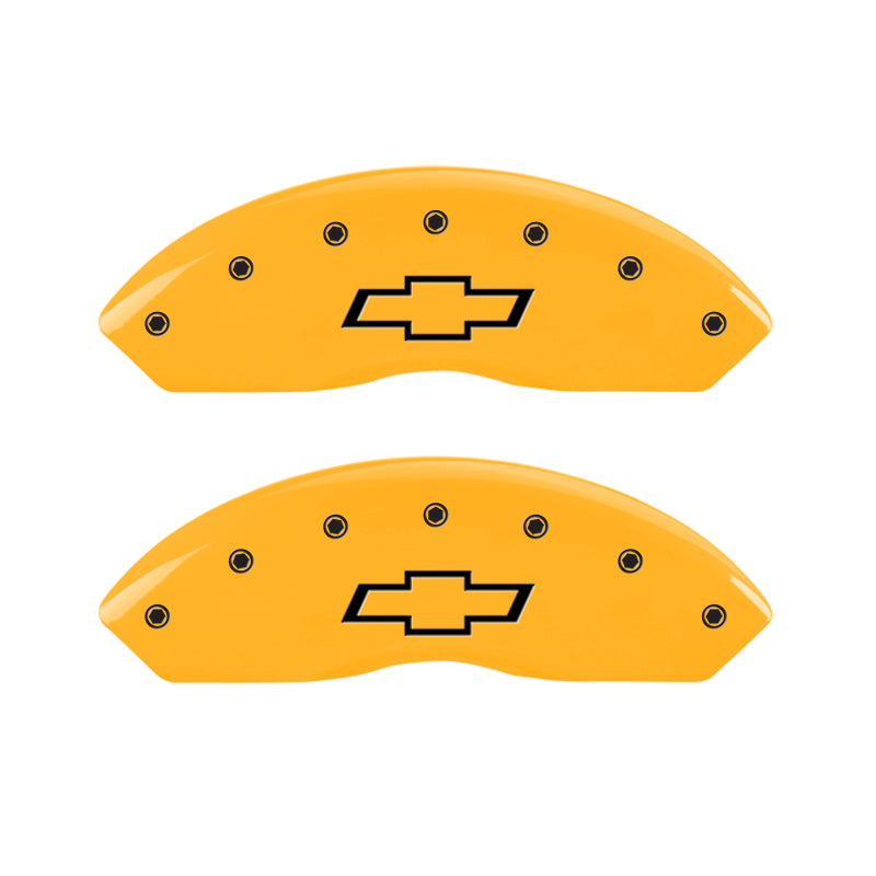 Load image into Gallery viewer, MGP 4 Caliper Covers Engraved Front &amp; Rear Bowtie Yellow finish black ch
