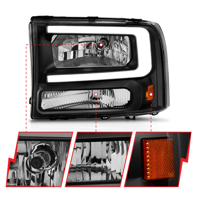 Load image into Gallery viewer, ANZO 99-04 Ford F250/F350/F450/Excursion (excl. 99) Crystal Headlights - w/ Light Bar Black Housing
