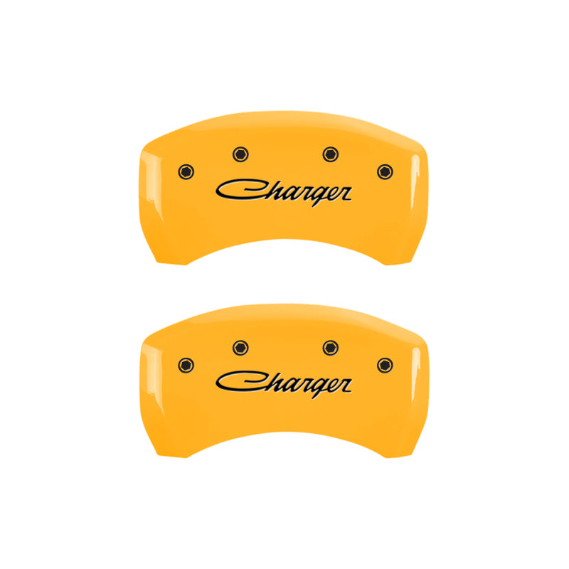 Load image into Gallery viewer, MGP 4 Caliper Covers Engraved Front &amp; Rear 05-10 Dodge Charger R/T Yellow Finish Black Cursive Logo
