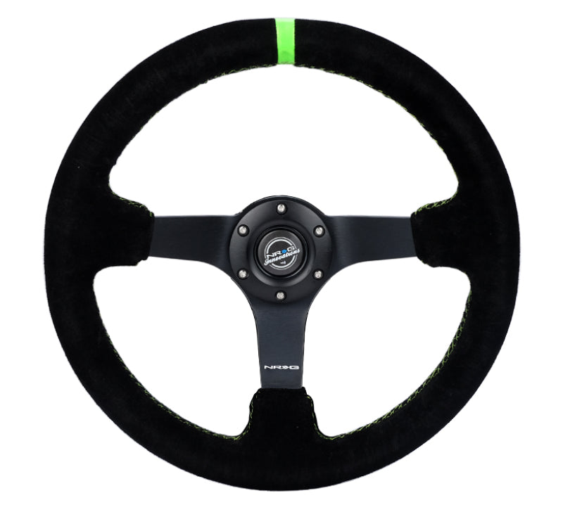 Load image into Gallery viewer, NRG Reinforced Steering Wheel 350mm/3in. Deep Blk Suede/ Neon Green Stitch w/5mm Matte Black Spoke
