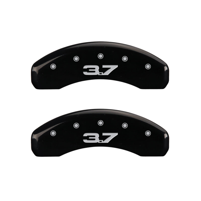 Load image into Gallery viewer, MGP 4 Caliper Covers Engraved Front 2015/Mustang Engraved Rear 2015/37 Black finish silver ch

