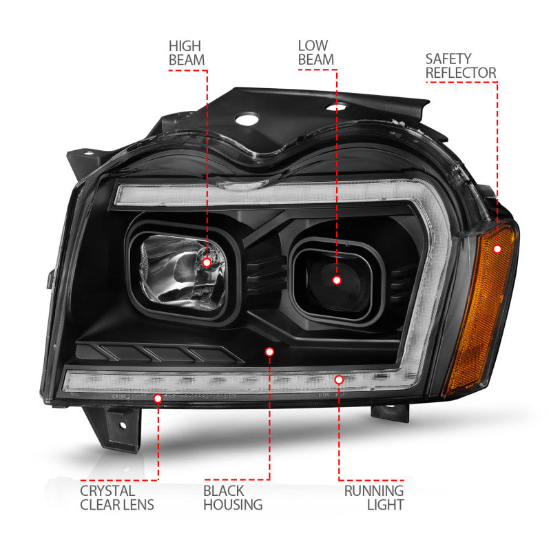 Load image into Gallery viewer, ANZO 2005-2007 Jeep Grand Cherokee Projector Headlights w/ Light Bar Switchback Black Housing
