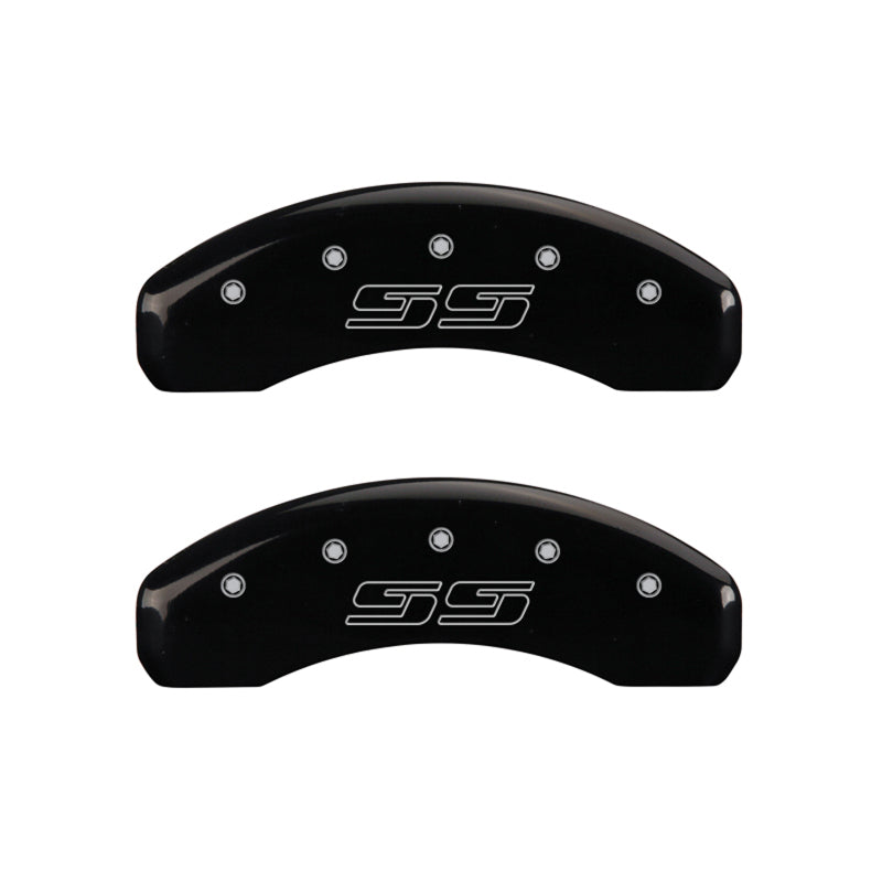 Load image into Gallery viewer, MGP 4 Caliper Covers Engraved Front &amp; Rear Avalanche style/SS Black finish silver ch
