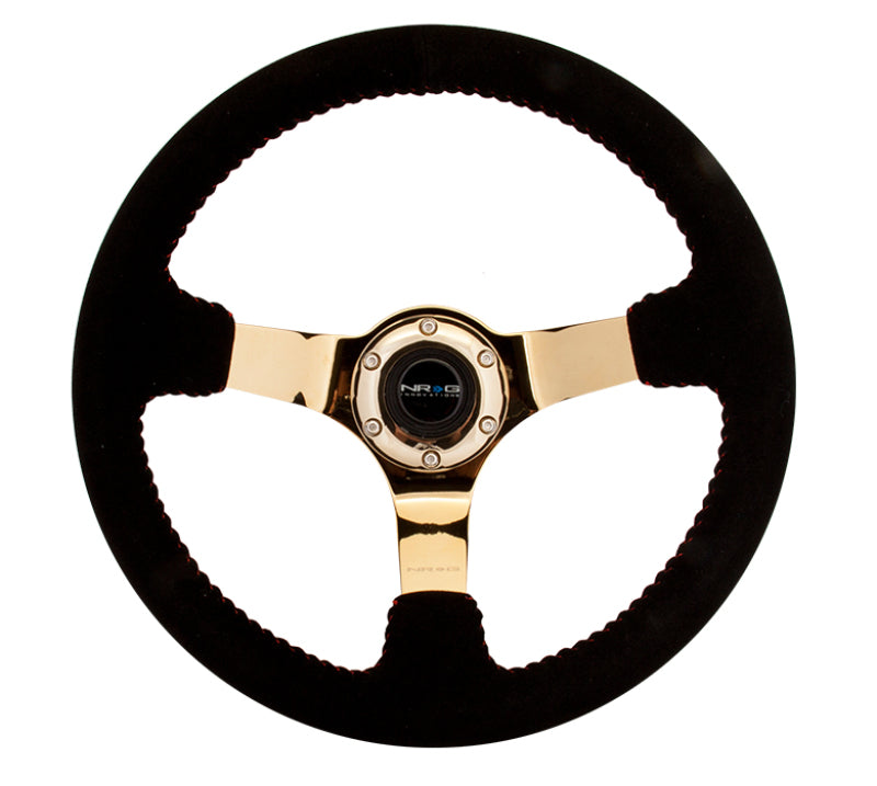 Load image into Gallery viewer, NRG Reinforced Steering Wheel (350mm / 3in. Deep) Blk Suede w/Red BBall Stitch &amp; Chrome Gold 3-Spoke
