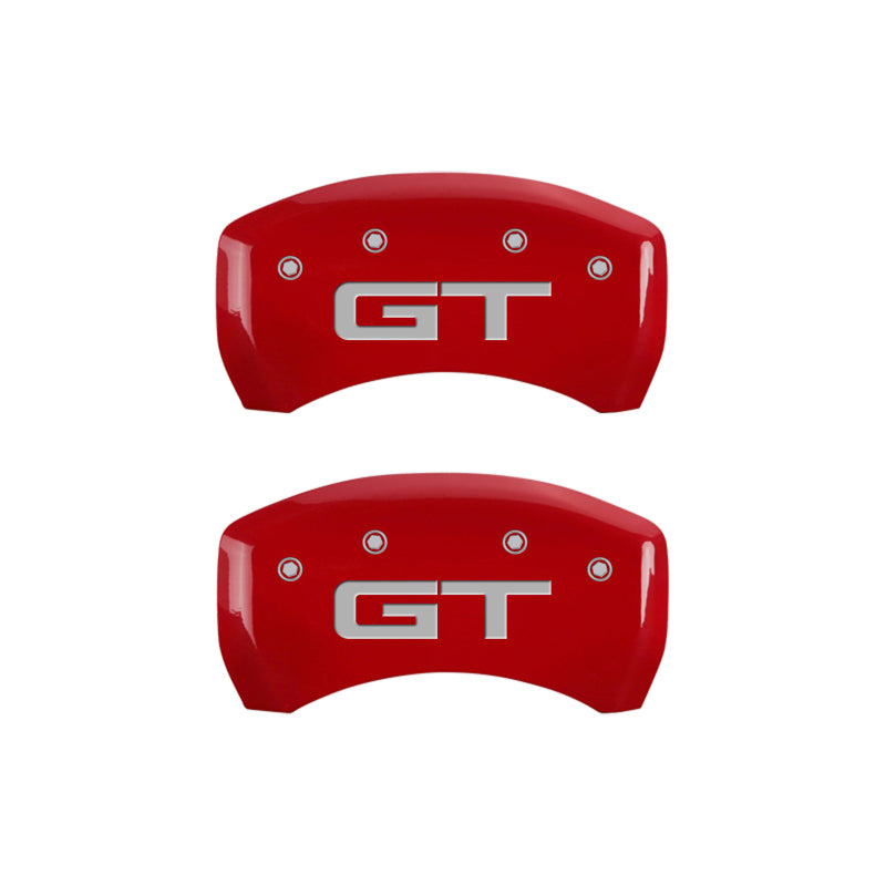 Load image into Gallery viewer, MGP 4 Caliper Covers Engraved Front 2015/Mustang Engraved Rear 2015/GT Red finish silver ch
