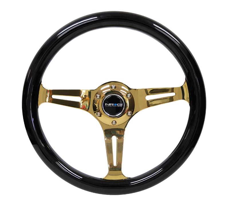 Load image into Gallery viewer, NRG Classic Wood Grain Steering Wheel (350mm) Black Grip w/Chrome Gold 3-Spoke Center
