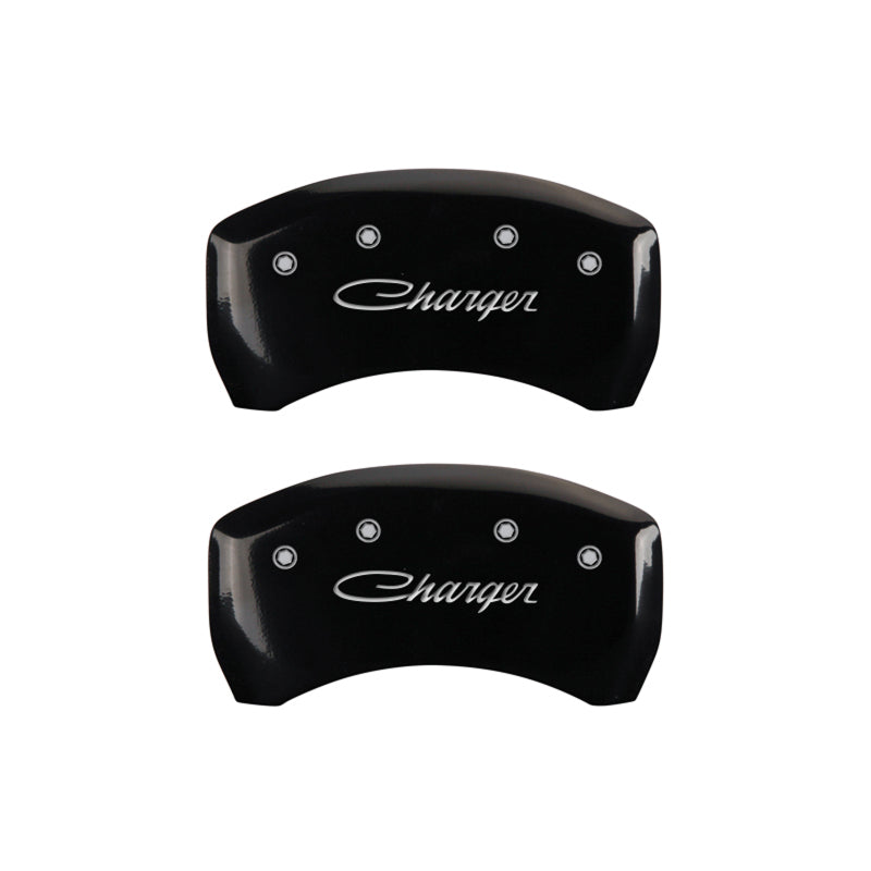 Load image into Gallery viewer, MGP 4 Caliper Covers Engraved Front &amp; Rear Cursive/Charger Black finish silver ch
