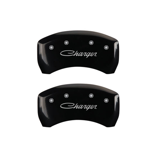 MGP 4 Caliper Covers Engraved Front & Rear Cursive/Charger Black finish silver ch