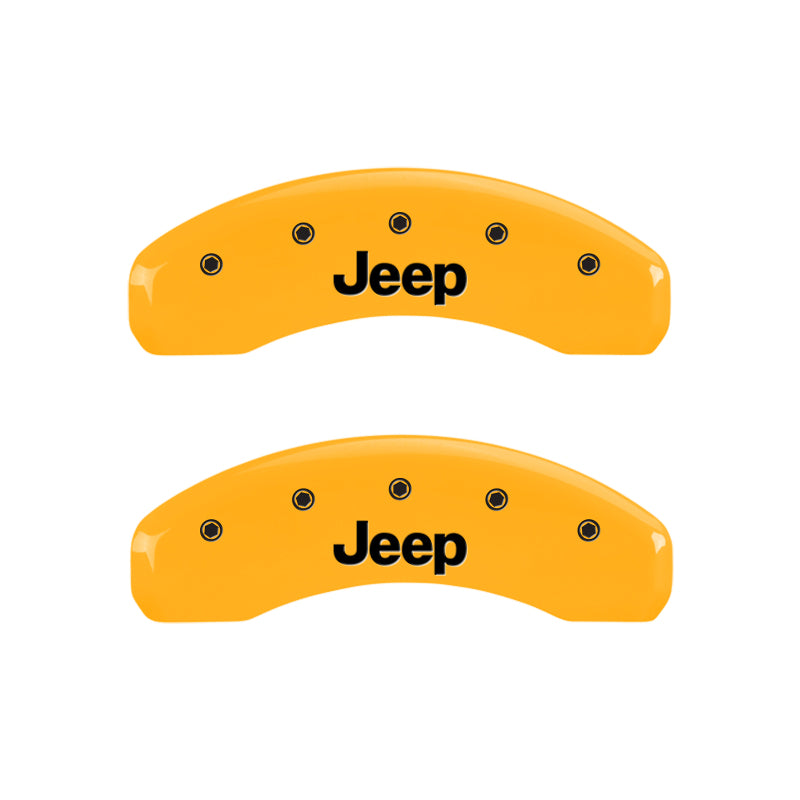 Load image into Gallery viewer, MGP 4 Caliper Covers Engraved Front &amp; Rear Jeep Yellow Finish Black Char 2006 Jeep Wrangler
