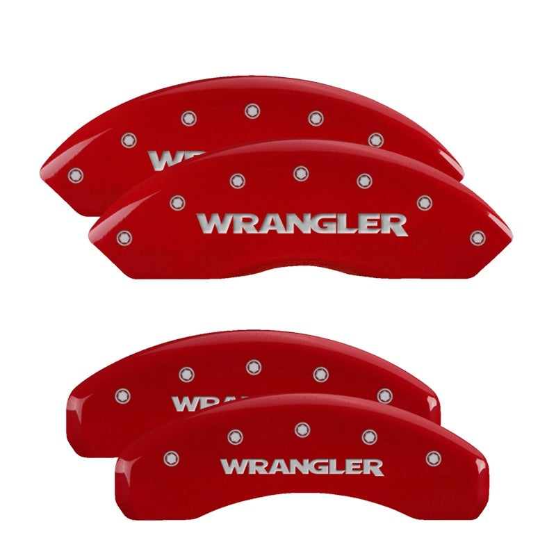 Load image into Gallery viewer, MGP 4 Caliper Covers Engraved Front &amp; Rear WRANGLER Red finish silver ch
