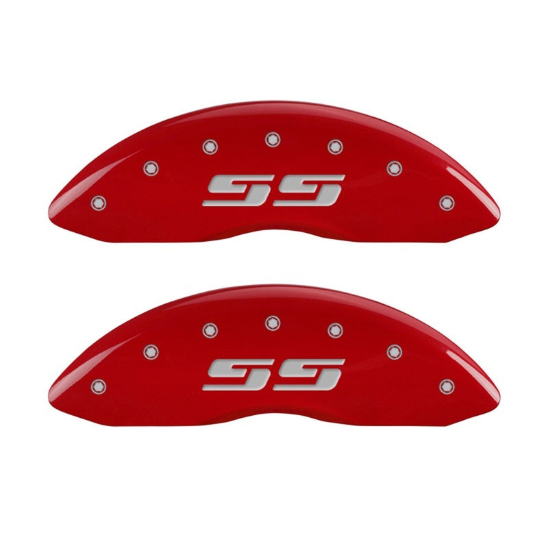 Load image into Gallery viewer, MGP Front set 2 Caliper Covers Engraved Front Silverado style/SS Red finish silver ch
