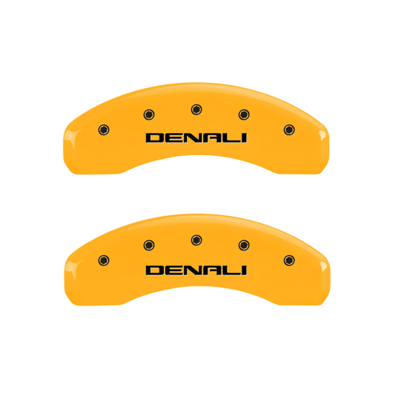 Load image into Gallery viewer, MGP 4 Caliper Covers Engraved Front &amp; Rear Denali Yellow finish black ch
