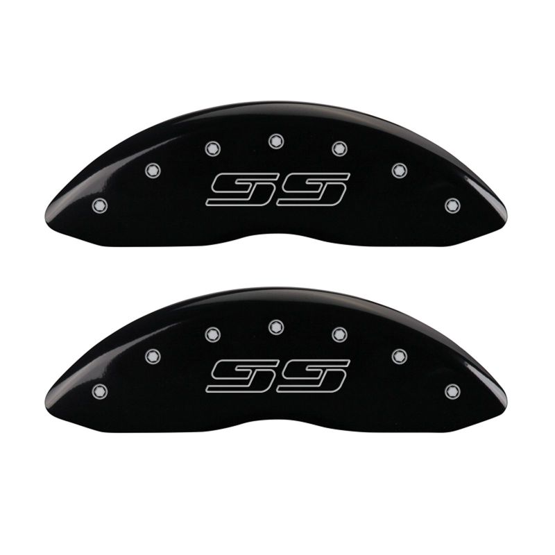 Load image into Gallery viewer, MGP 4 Caliper Covers Engraved Front &amp; Rear Avalanche style/SS Black finish silver ch
