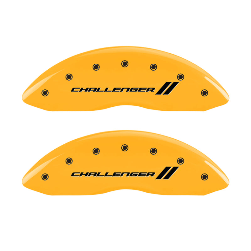 Load image into Gallery viewer, MGP 4 Caliper Covers Engraved F &amp; R Stripes/Challenger Yellow Finish Black Char 2006 Dodge Charger
