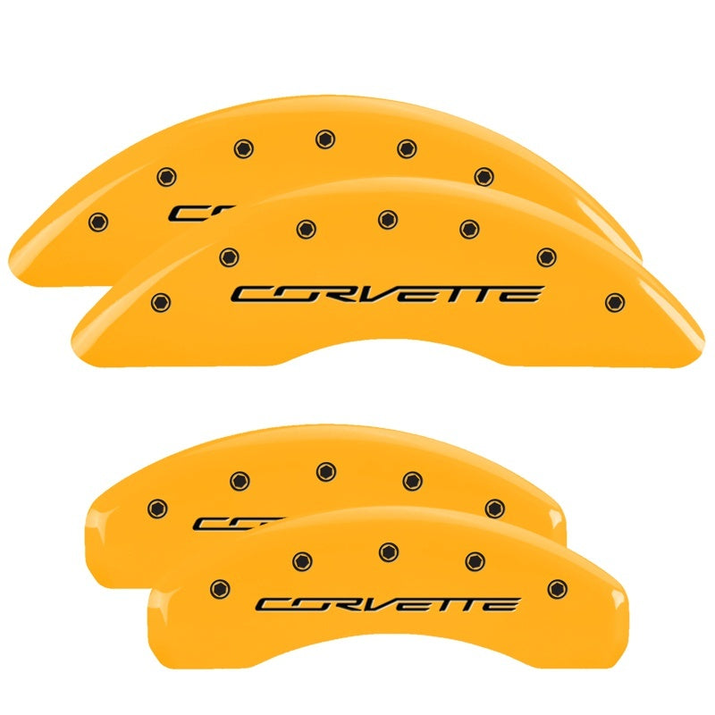 Load image into Gallery viewer, MGP 4 Caliper Covers Engraved Front &amp; Rear C7/Corvette Yellow finish black ch
