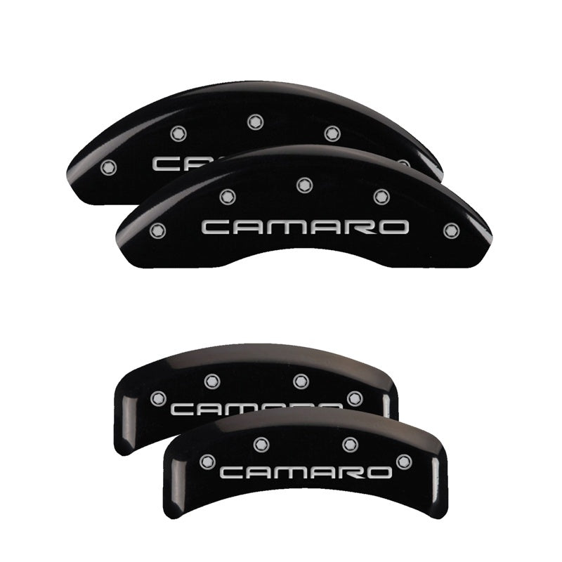 Load image into Gallery viewer, MGP 4 Caliper Covers Engraved Front &amp; Rear Gen 4/Camaro Black finish silver ch
